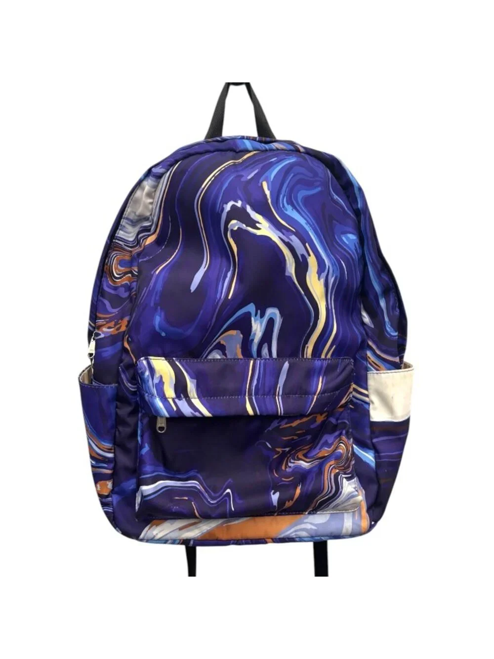 Violet Purple Marble Swirl Nylon Backpack With Front Zipper Pocket Side Pockets
